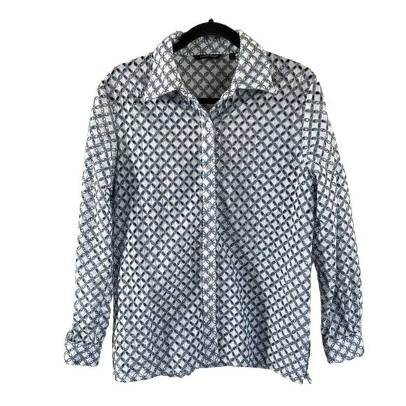 Samuel Dong Eyelet Cutout Button Down Long Sleeve Blouse, Blue White Sz Medium - Picture 1 of 16